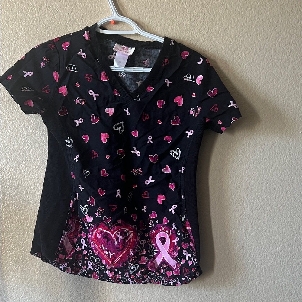 White Cross Black Scrub Top with Pink Heart and Ribbon Design